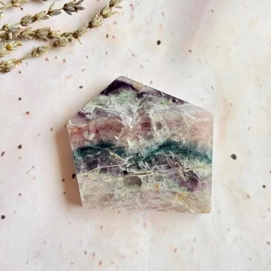 Exact Fluorite slab measuring approximately 7cm by 6cm with natural colour banding