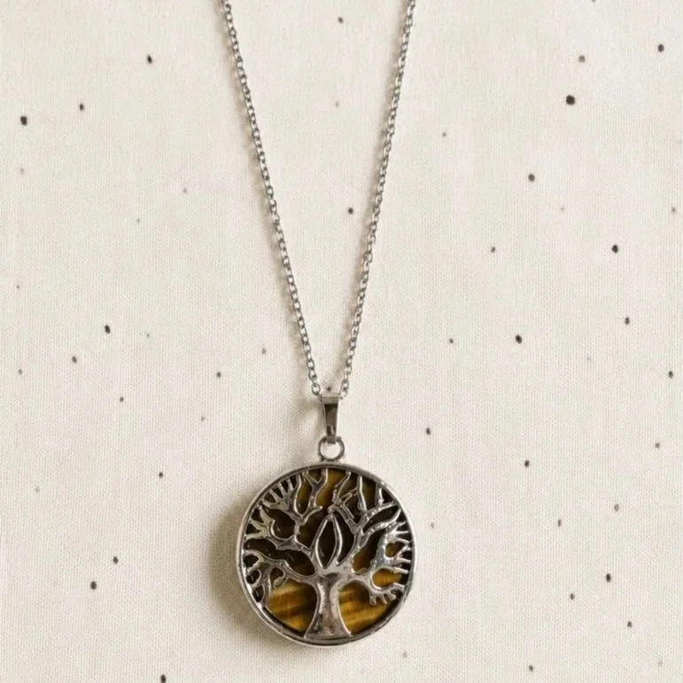 Tiger's Eye Tree of Life necklace featuring a natural gemstone coin and stainless steel chain