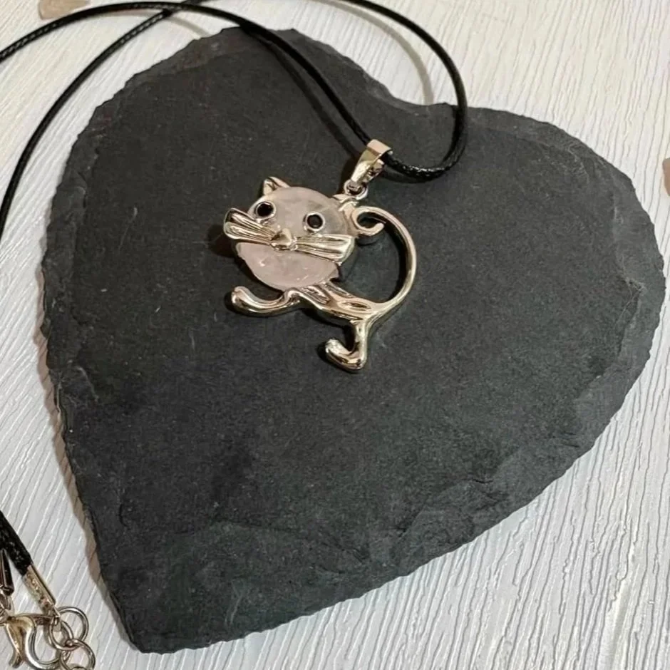 Funky Cat Necklace | Rose Quartz Crystal Face Pendant