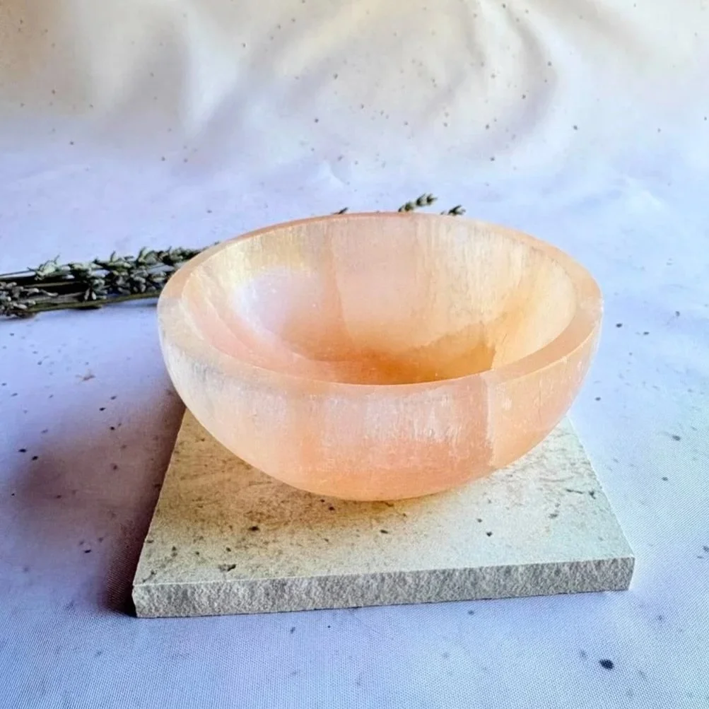 Peach Satin Spar display bowl featuring warm peach tones and fibrous patterns