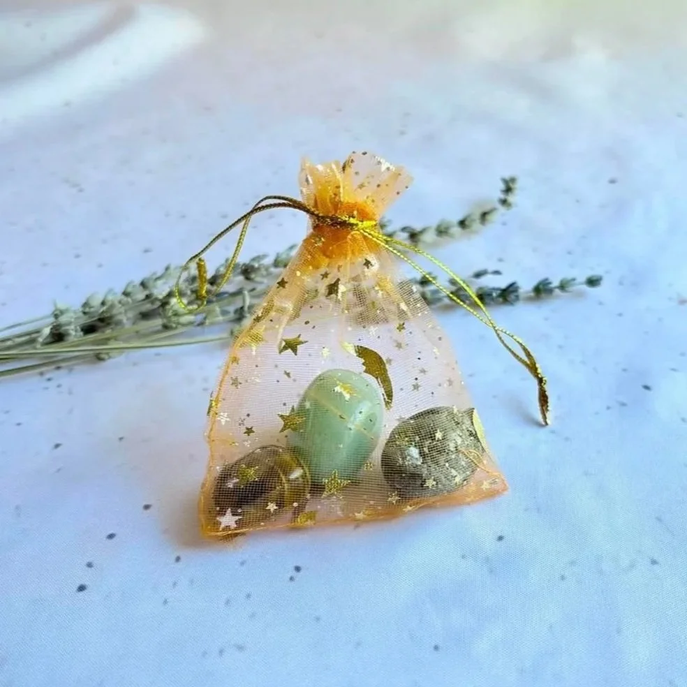 Bloom and Prosper crystal pack with Green Aventurine, Tiger's Eye, and Pyrite