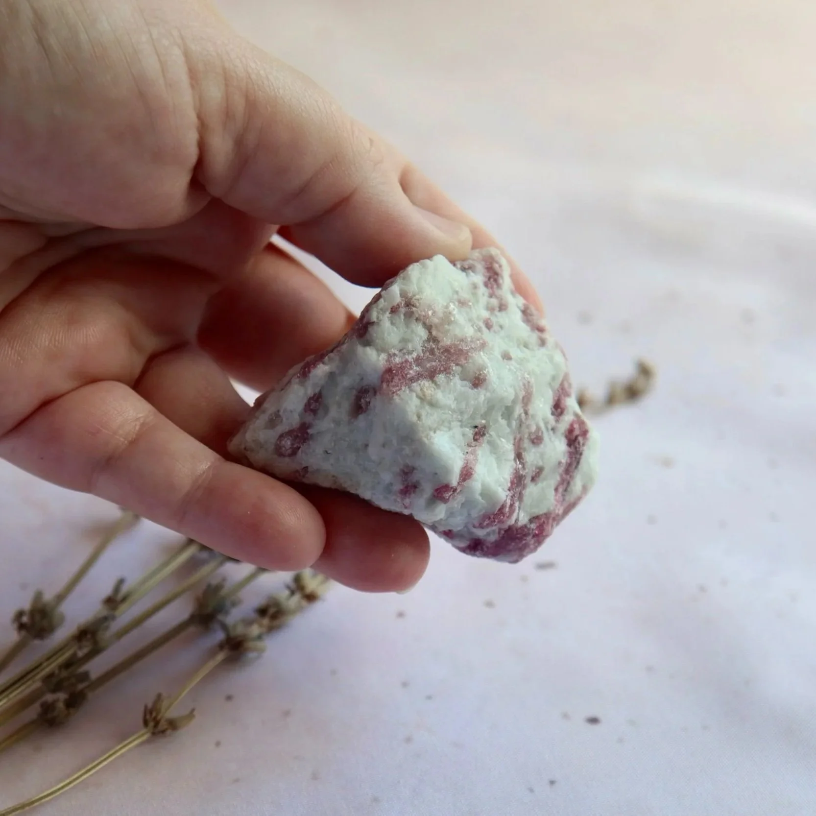 Rubellite Tourmaline specimen held in a hand to show its approximate size and irregular natural shape.