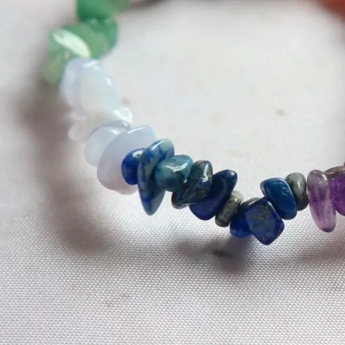 Chakra bracelet with multicoloured crystal chip beads representing the seven chakras
