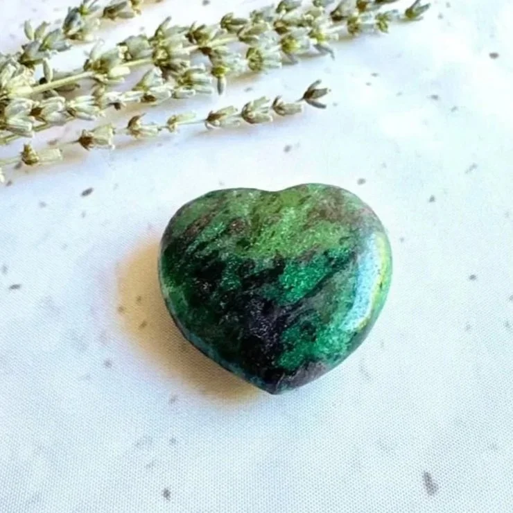 Ruby in Zoisite heart associated with vitality, passion, and personal growth