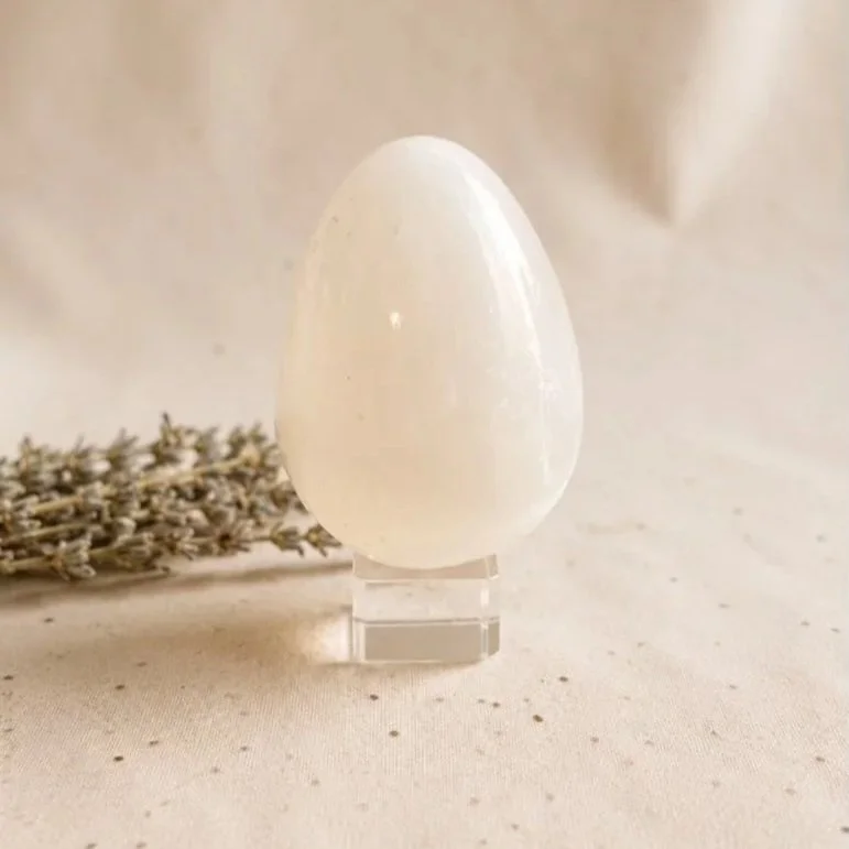 Natural Satin Spar egg measuring approximately 7cm tall with a silky white appearance