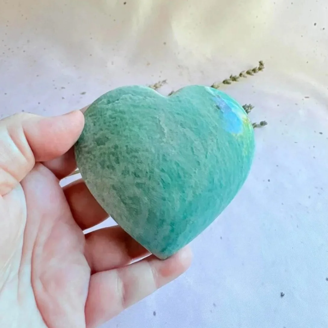 Natural polished Amazonite crystal heart with blue-green colouring