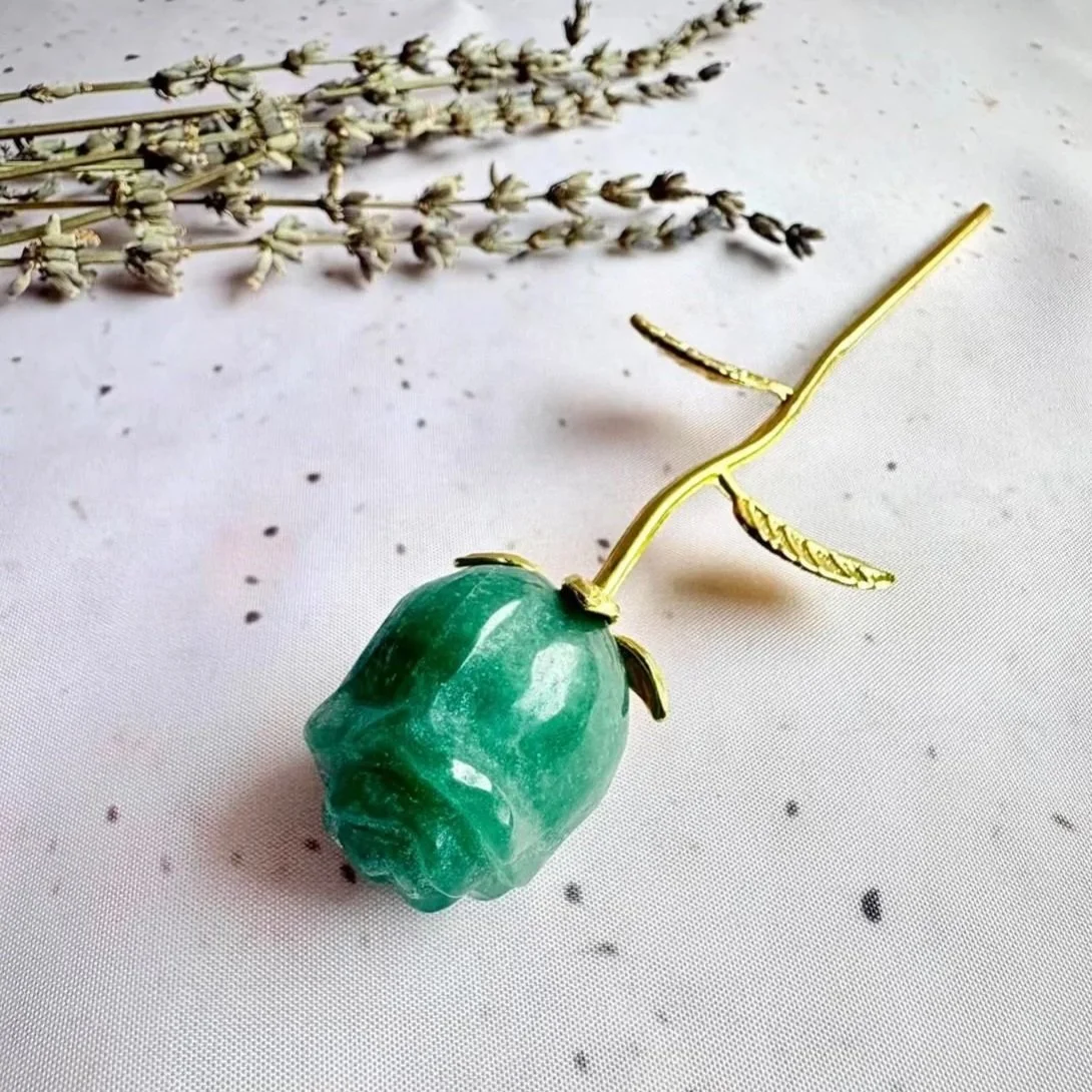 Green Aventurine crystal rose with gold coloured stem measuring approximately 16cm tall