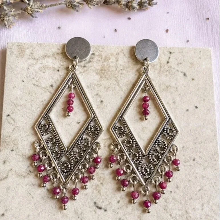 Ruby chandelier earrings featuring natural Ruby beads and stainless steel posts