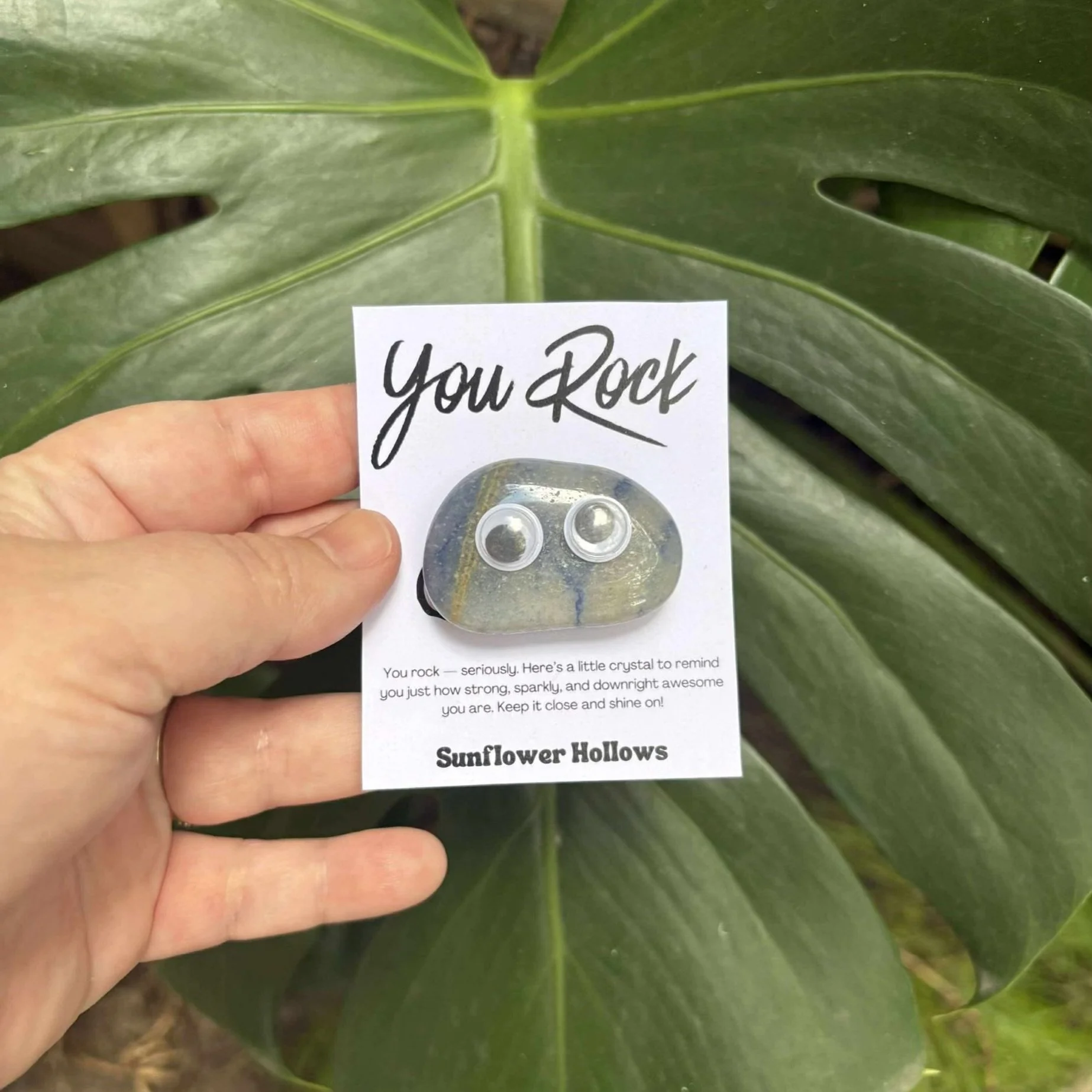 Blue Quartz pocket token with playful googly eyes, a calming crystal charm reminding you that you rock