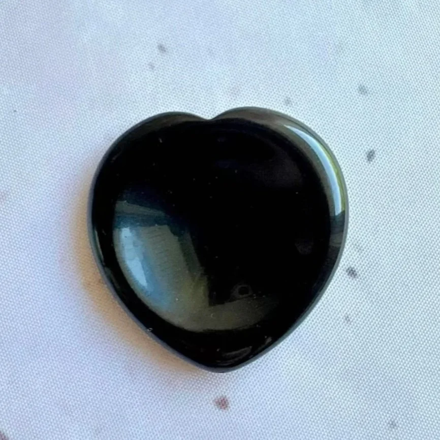 Polished Black Obsidian heart worry stone measuring approximately 4cm