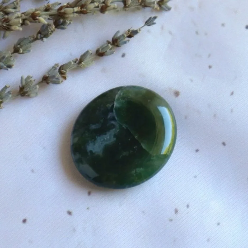 Intuitively chosen Moss Agate flat stone with natural green patterns