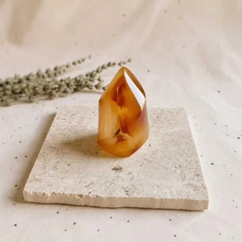 Natural Carnelian crystal shaped into a flame symbolising passion, motivation, and personal growth