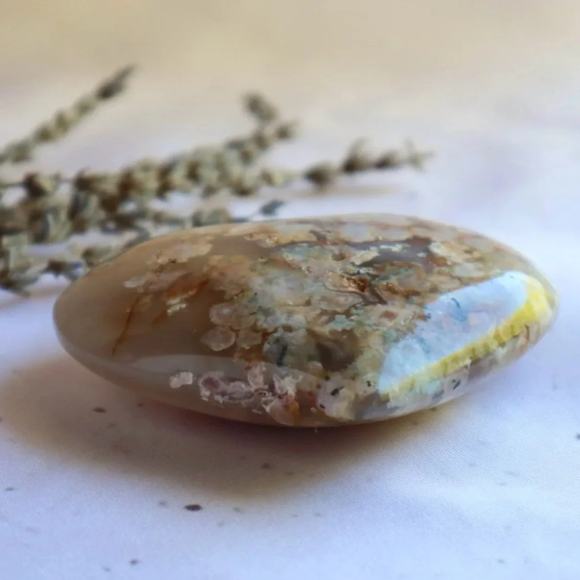 Polished Flower Agate crystal heart with natural flower-like markings