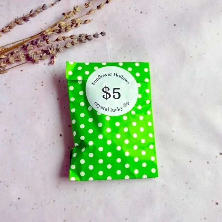 $5 green crystal lucky dip bag filled with a surprise selection of genuine crystals from Sunflower Hollows
