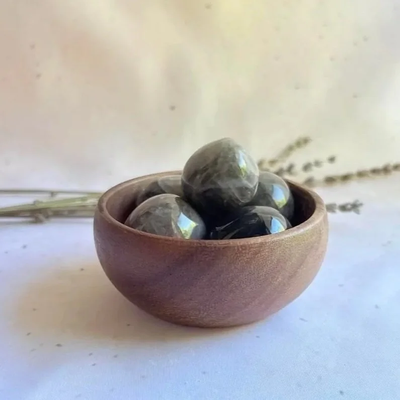 Natural Black Moonstone crystal tumble displaying grey and black tones