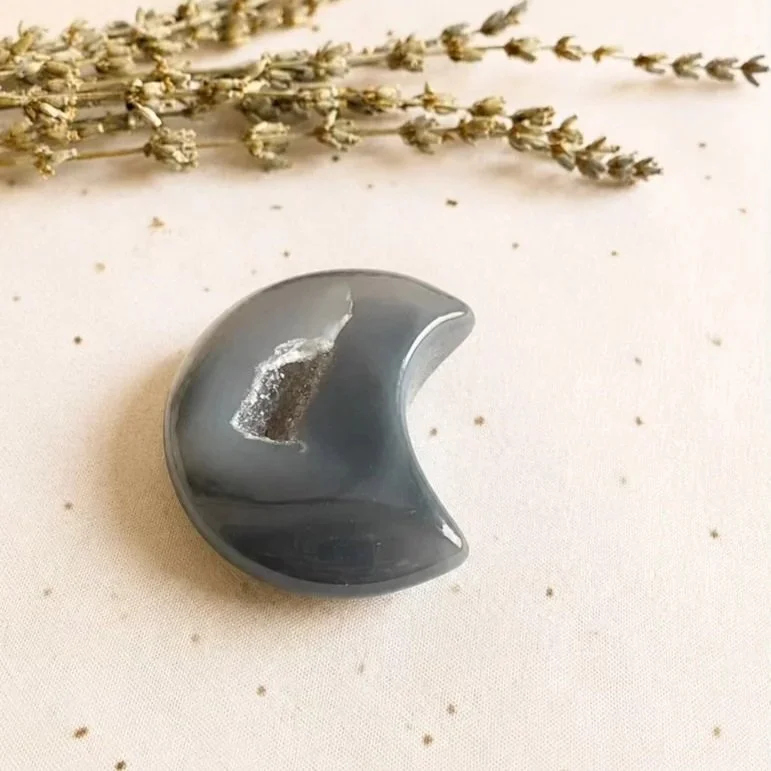 Purple grey Agate moon with druzy suitable for crystal collections and home décor