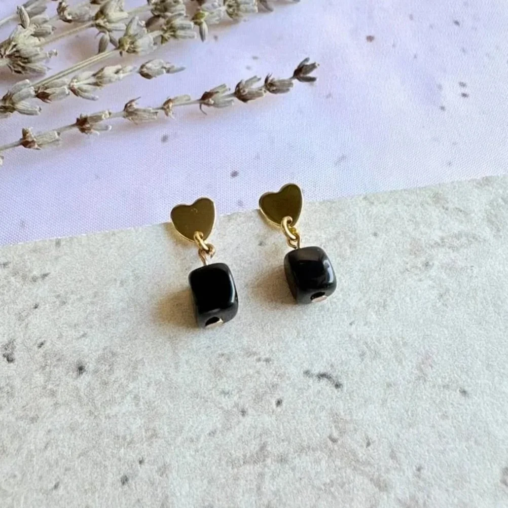Natural Black Agate crystal earrings with polished black beads and heart-shaped studs