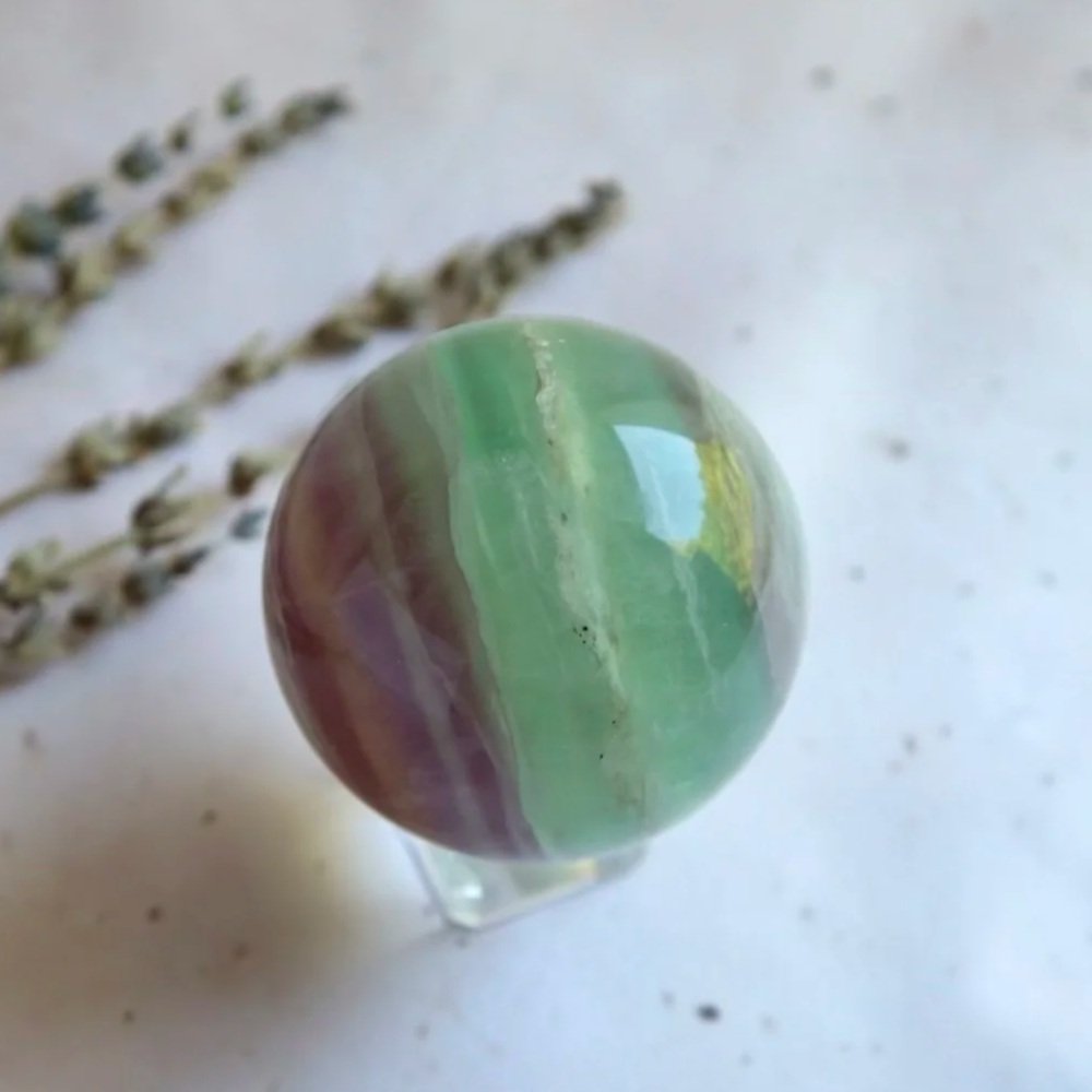 Exact Fluorite crystal sphere measuring approximately 17cm around