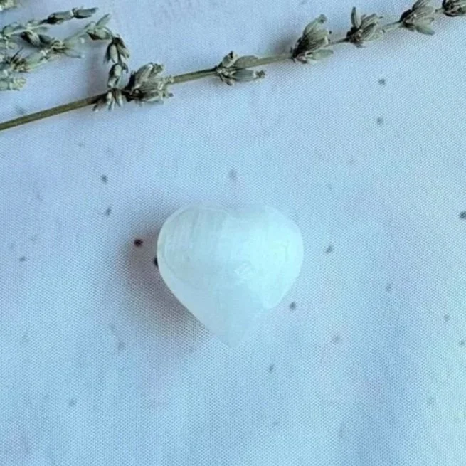 Natural Satin Spar puff heart with a soft pearly glow