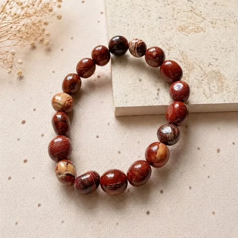 Red Picture Jasper tumble bead stretch bracelet with natural earthy red and brown tones