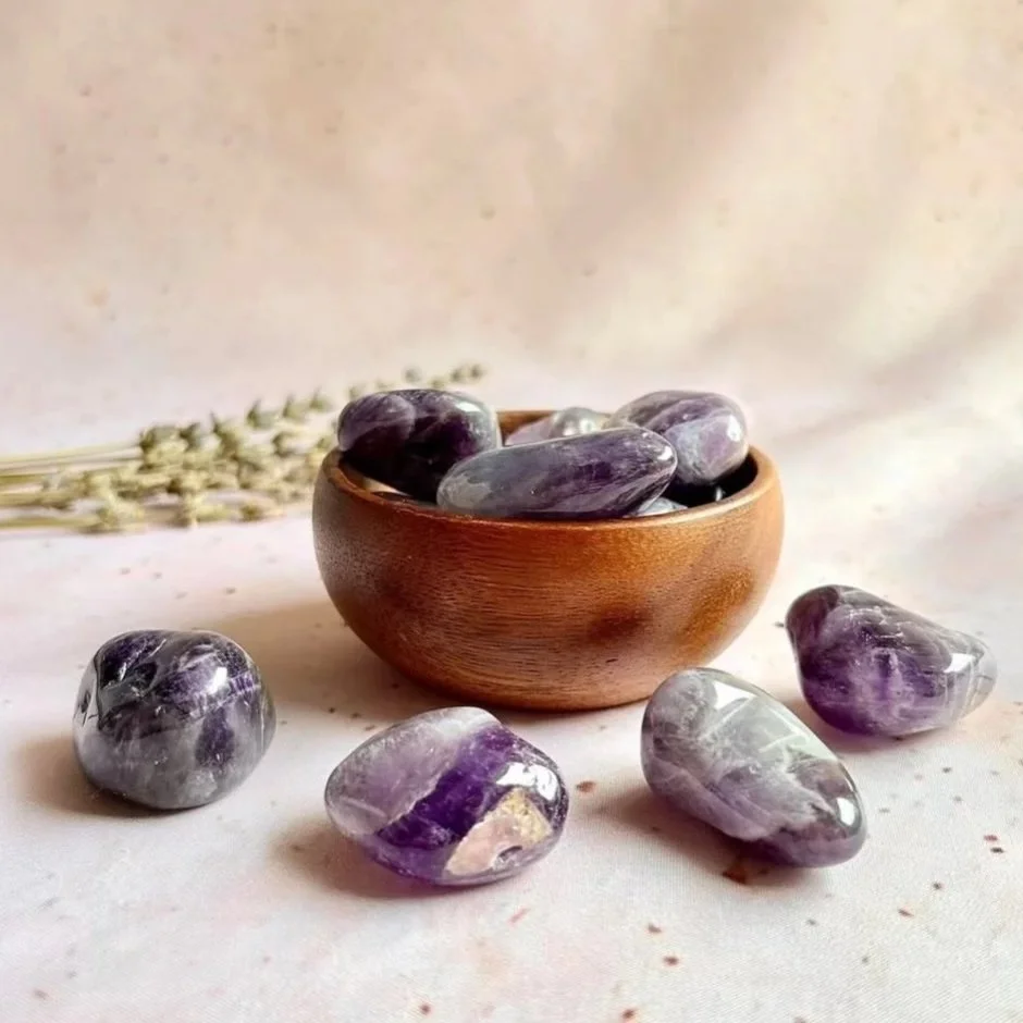 Chevron Amethyst tumble stone ideal for meditation, crystal grids, and everyday carry