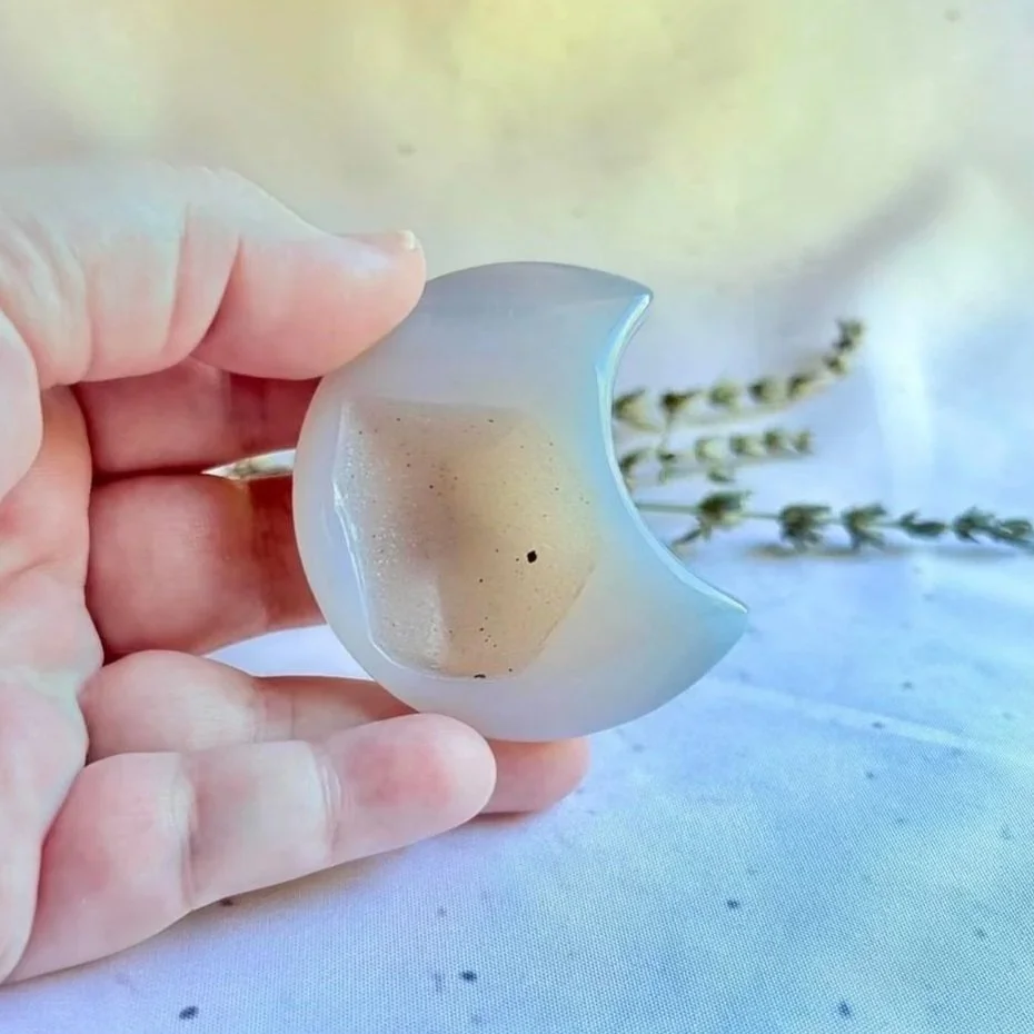 Polished Grey Agate Moon with natural beige inclusion through the centre
