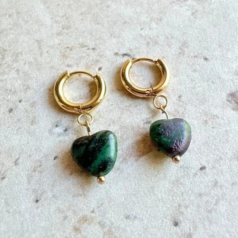 Handmade Ruby in Zoisite heart hoop earrings with gold-tone stainless steel huggie hoops