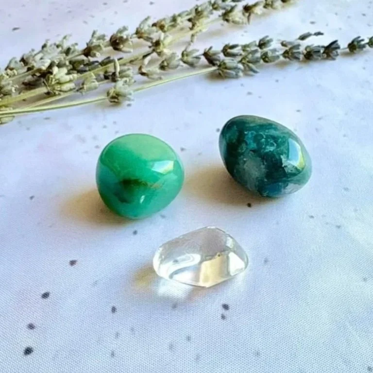 Crystal pack featuring Moss Agate, Green Aventurine, and Clear Quartz for fresh starts