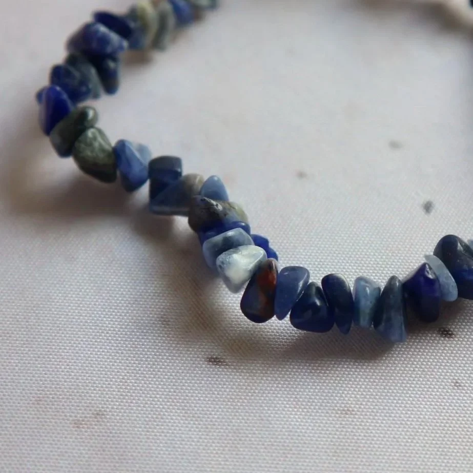 Natural Sodalite crystal chip bracelet with irregular polished stone pieces and unique variations