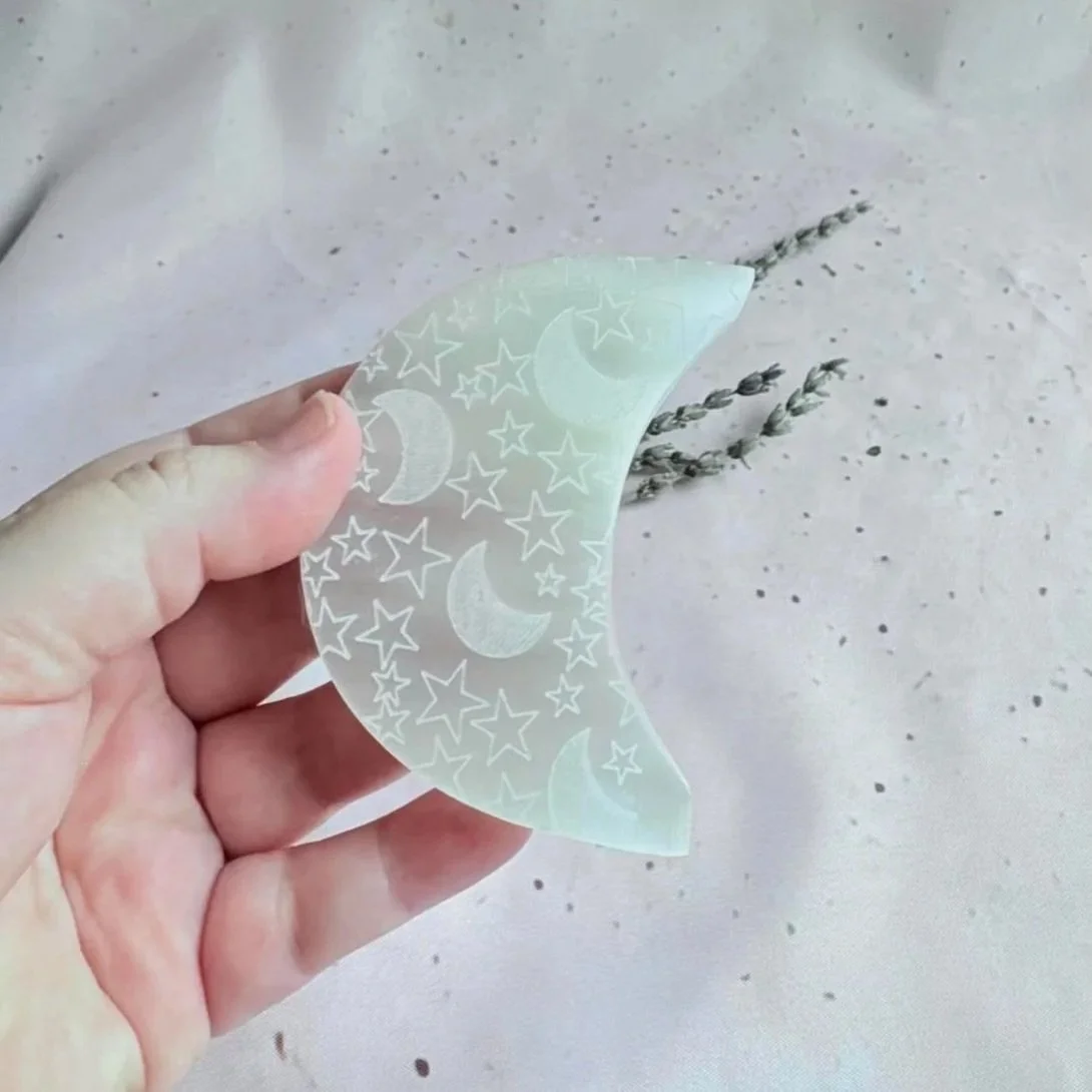 Satin Spar moon and stars charging plate for displaying crystals and jewellery