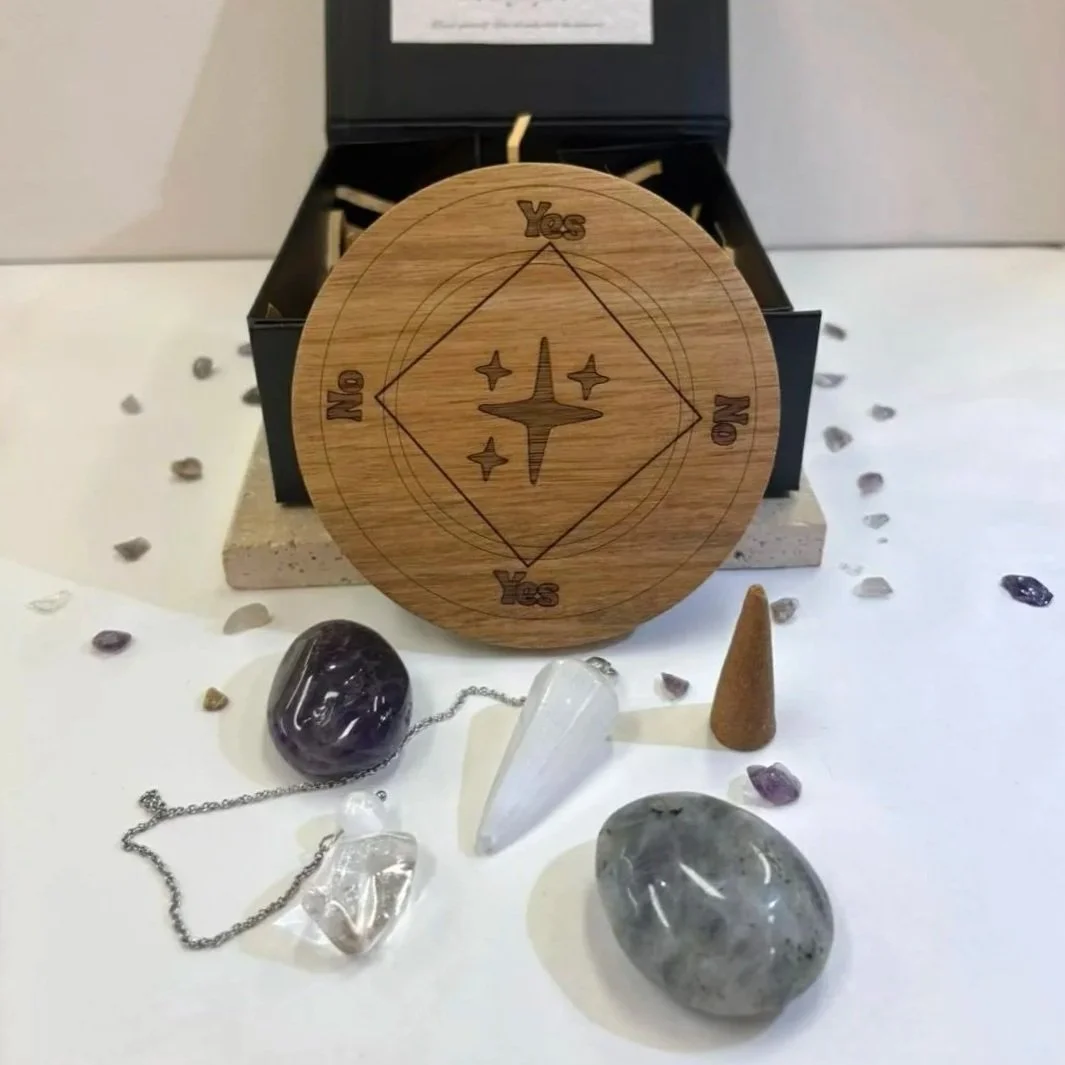 Crystal gift box set with Satin Spar pendulum, Labradorite palm stone, Clear Quartz and Amethyst tumble in magnetic closure box