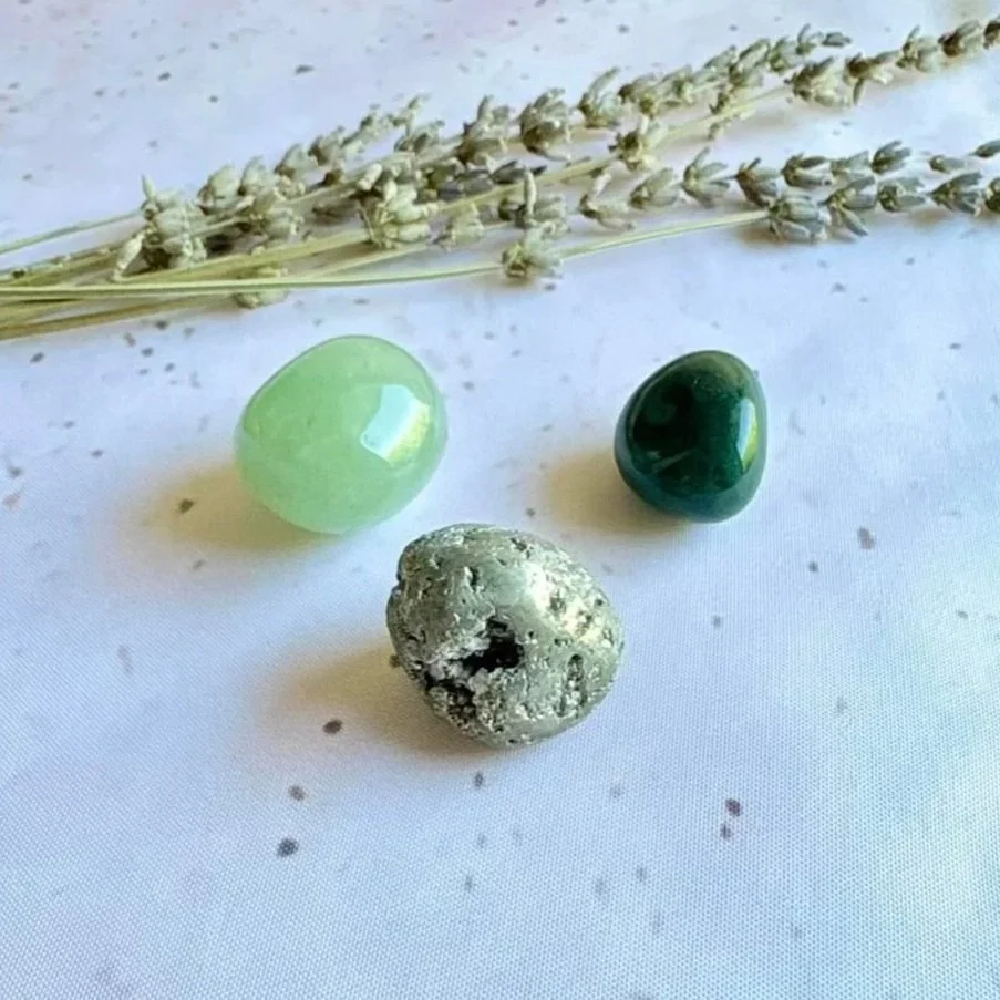 Crystal pack featuring Green Aventurine, Moss Agate, and Pyrite for new beginnings