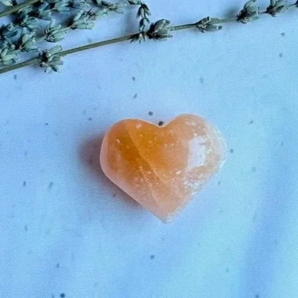 Natural Peach Satin Spar puff heart measuring approximately 4cm with a polished finish
