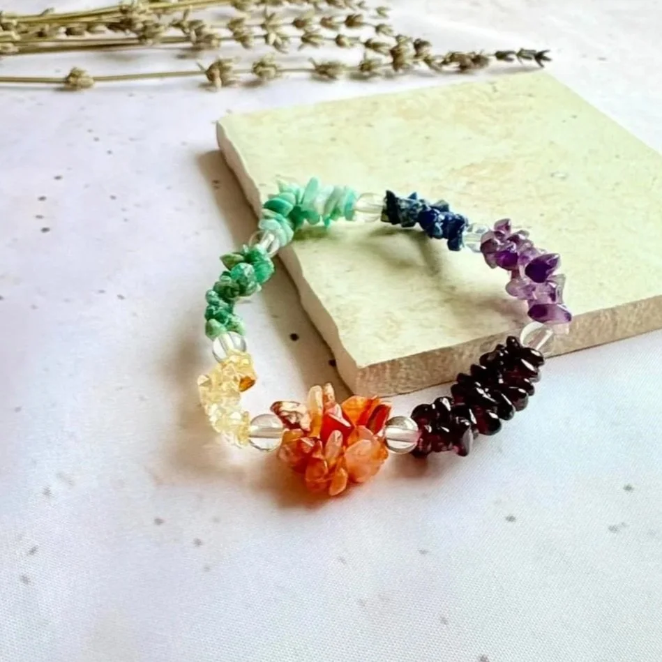 Colourful natural crystal double chip bracelet representing the seven chakras