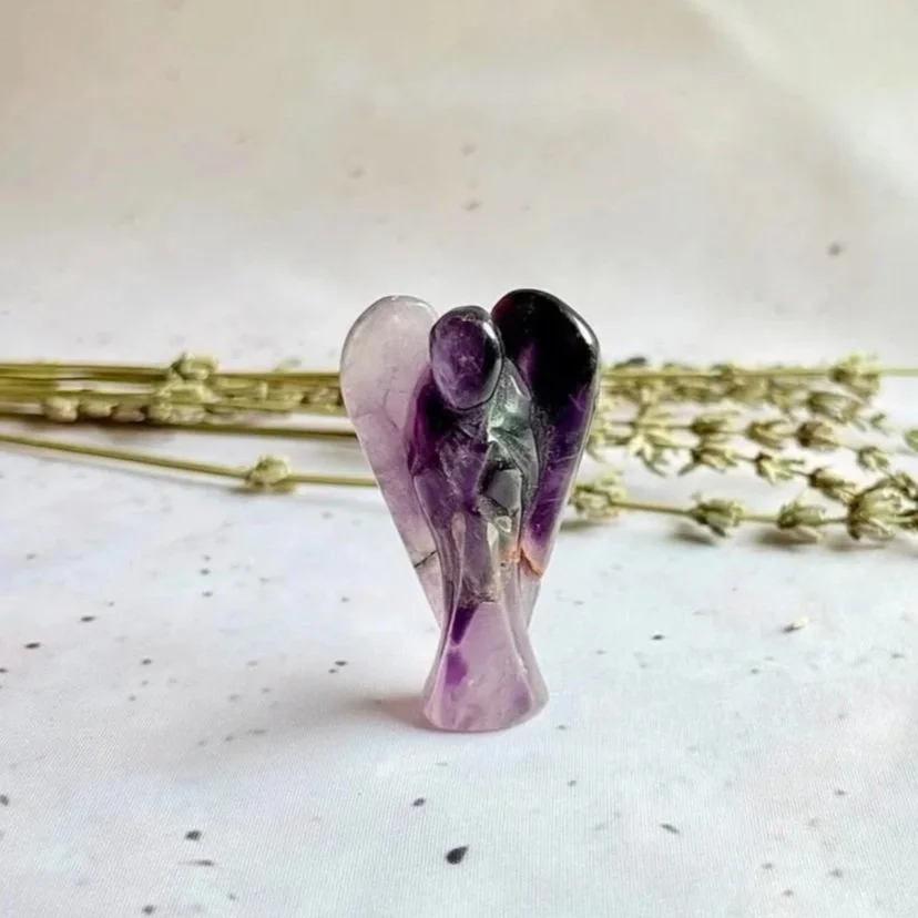 Natural Amethyst angel carving measuring approximately 5cm tall