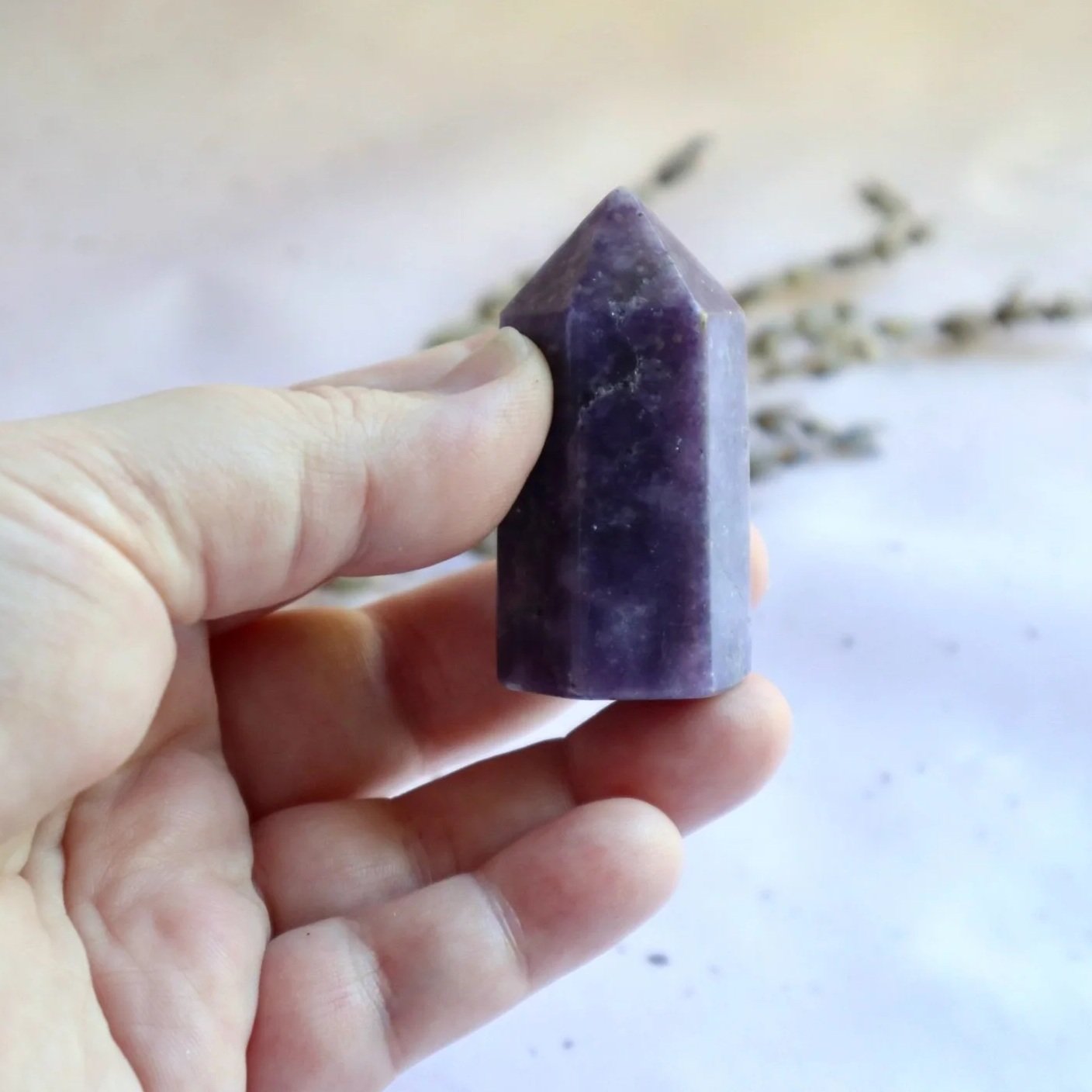 5.5cm Lepidolite Tower displaying natural layered texture and subtle mica sparkle