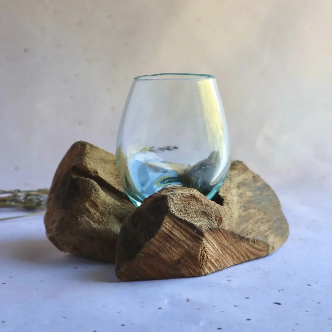 5 cm glass slump bowl with natural wooden base