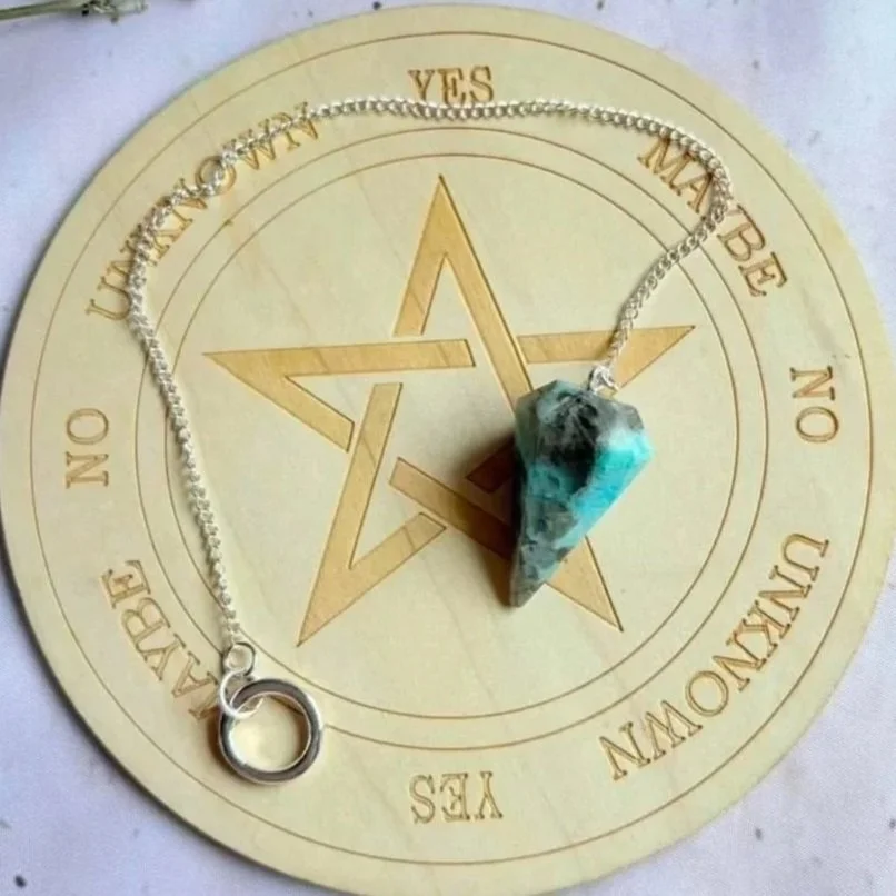 Natural polished Amazonite crystal pendulum with silver-coloured chain
