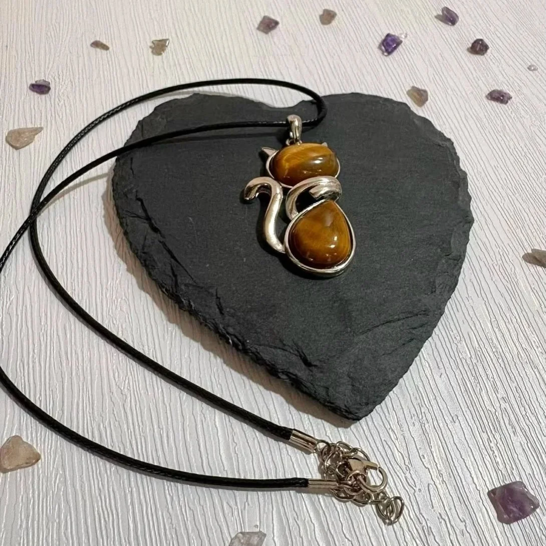 Tigers Eye cat crystal necklace on cord