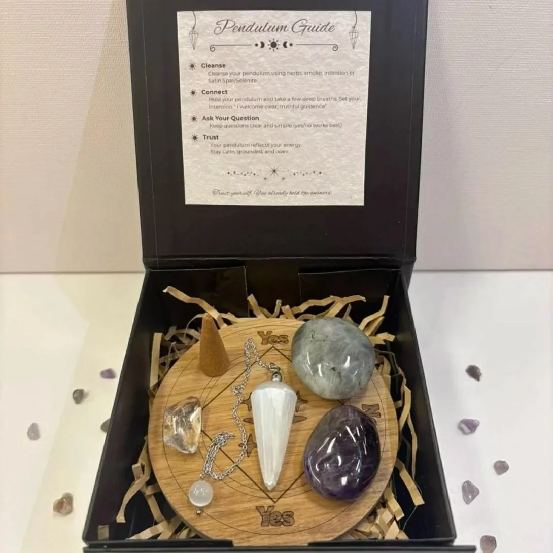 Crystal gift box set with Satin Spar pendulum, Labradorite palm stone, Clear Quartz and Amethyst tumble in magnetic closure box