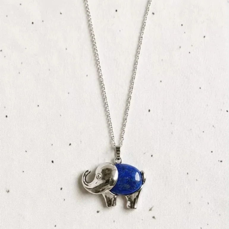 Natural Lapis Lazuli necklace featuring a decorative elephant bail and stainless steel chain