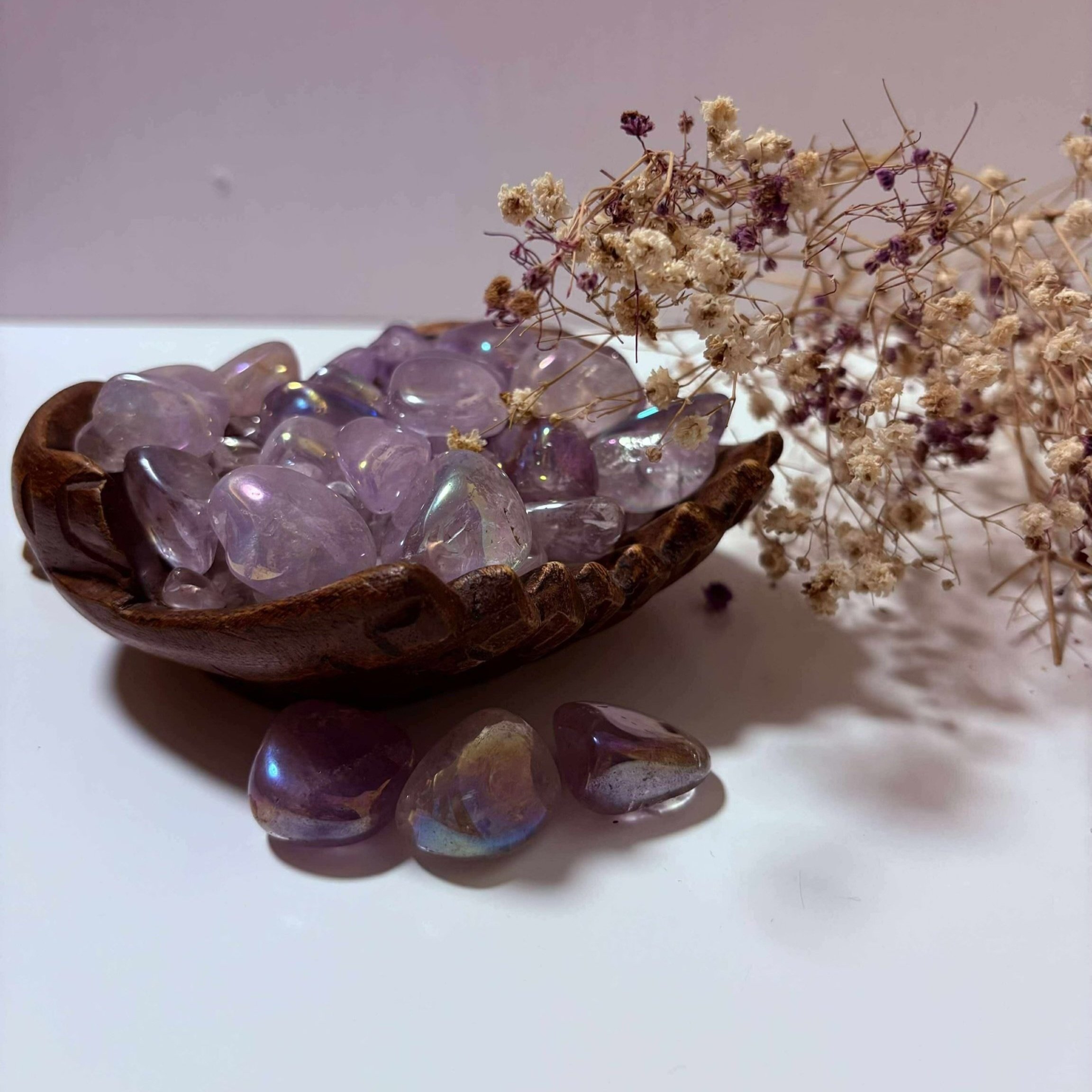 Iridescent Aura Amethyst tumbled stone, colorful healing crystal with calming and uplifting properties