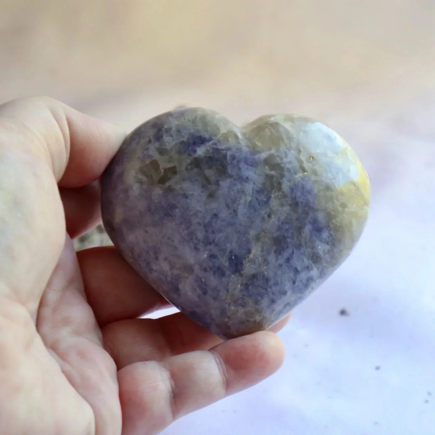 Exact Lepidolite crystal heart measuring approximately 8 cm wide