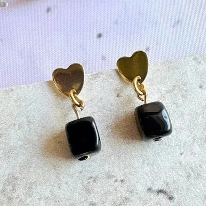 Black Agate Heart Drop Earrings