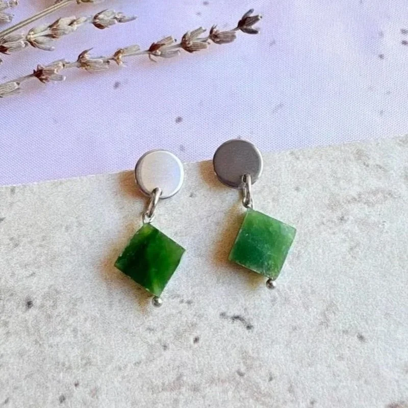 Handmade Jade diamond drop earrings measuring approximately 2.5cm with stainless steel stud posts