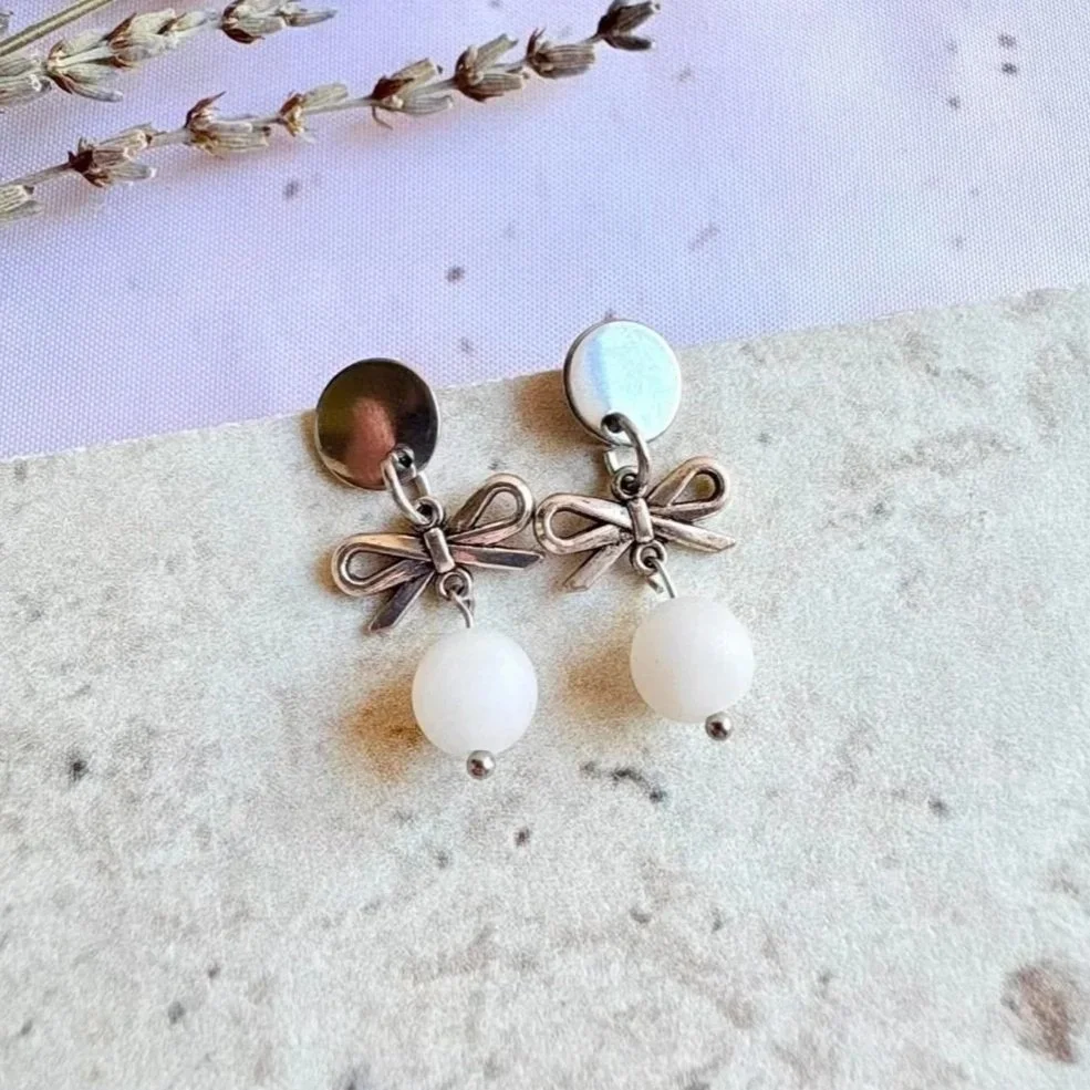 Handmade matte Rose Quartz bow drop earrings with stainless steel stud posts