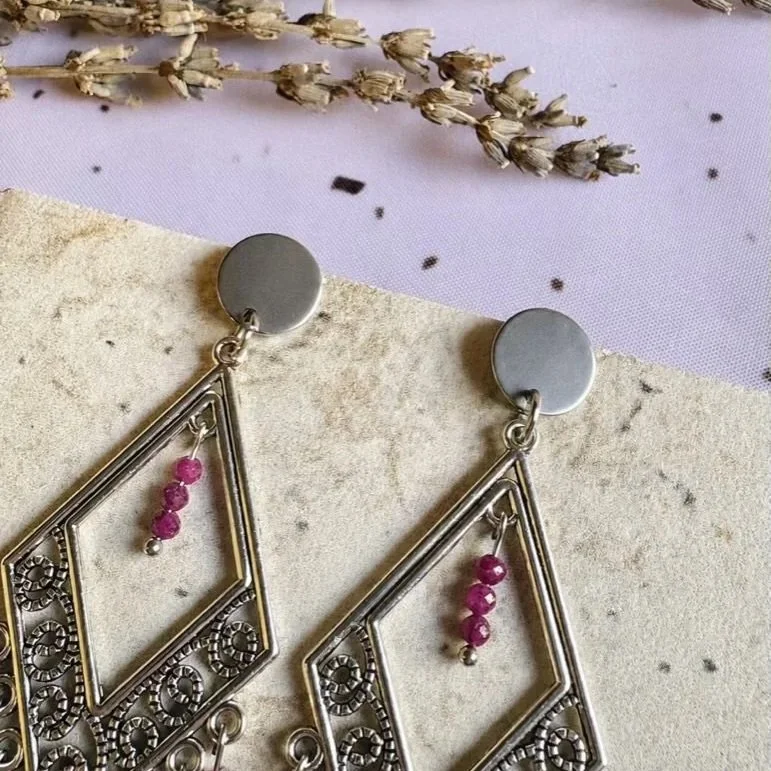 Handmade Ruby crystal chandelier earrings measuring approximately 7cm long