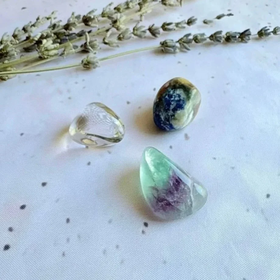 Crystal pack featuring Rainbow Fluorite, Sodalite, and Clear Quartz for study and focus
