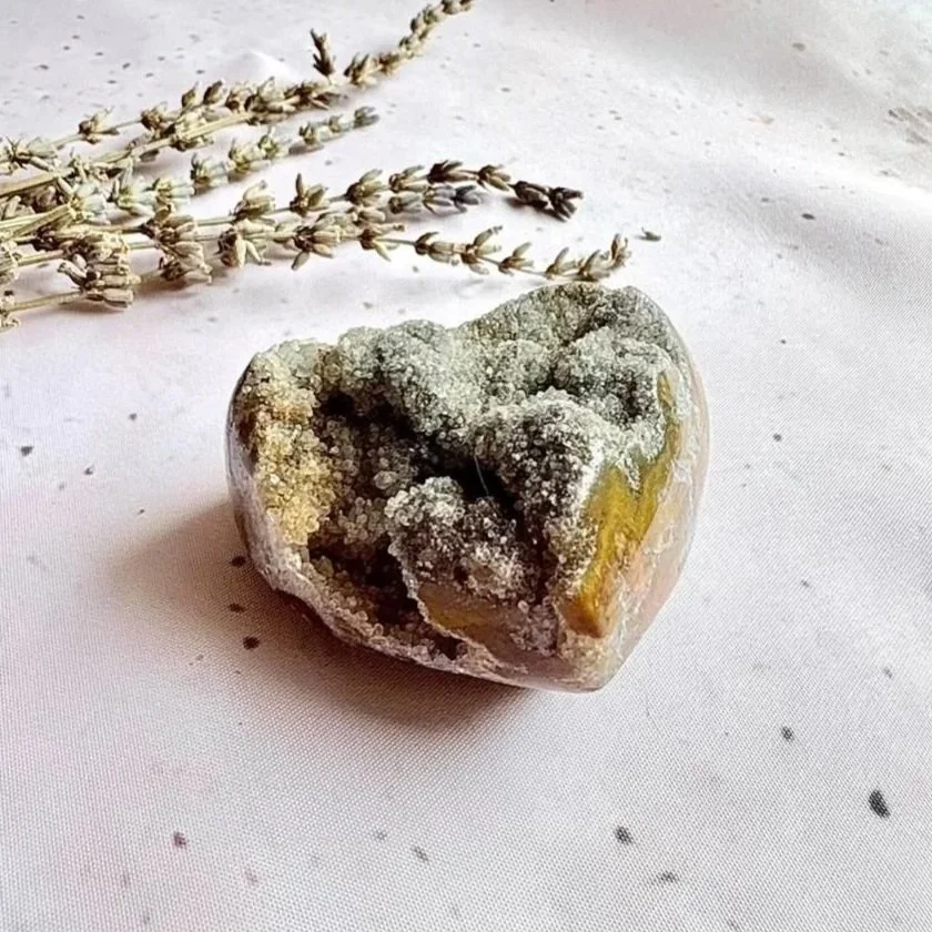 Natural Black Amethyst heart featuring glittering druzy crystals and dark matrix