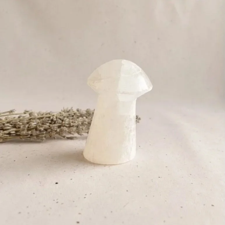 Satin Spar crystal mushroom, commonly sold as Selenite, with a luminous polished finish